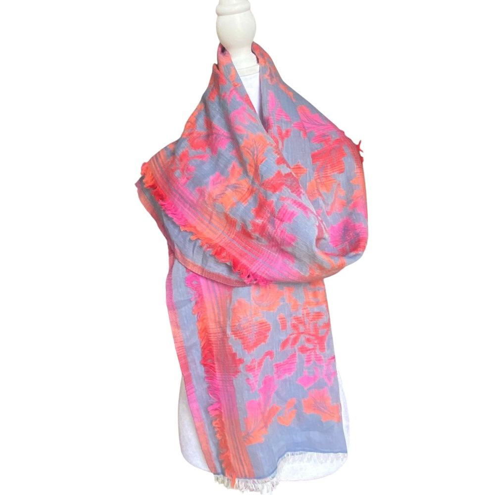 J. Jill Women Ombre Pink Orange Blue Floral Jacquard Cotton Fringed Scarf Wrap